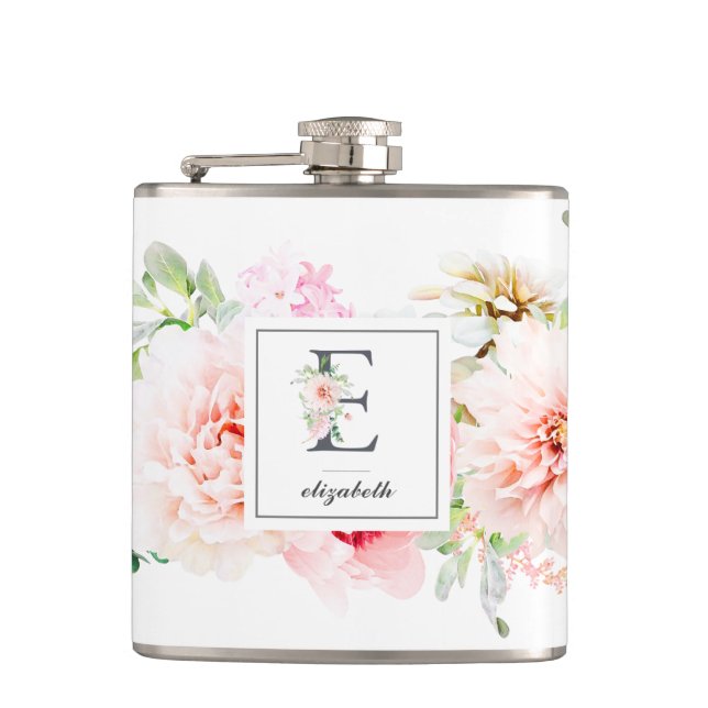 Wild Blush Botanical Letter E Monogram Hip Flask (Front)