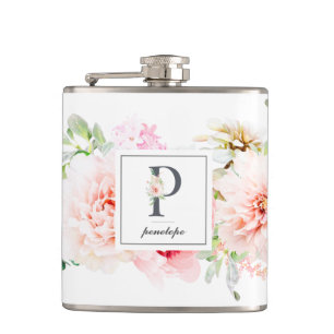 Wild Blush Botanical Letter P Monogram Hip Flask