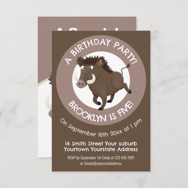 Wild boar cartoon personalised birthday invitation (Front/Back)