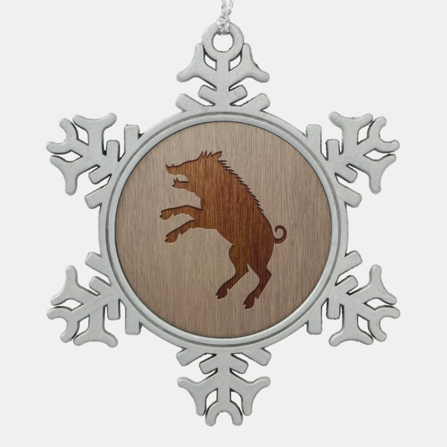 Wild boar engraved on wood design snowflake pewter christmas ornament (Front)