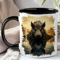Wild Boar in Autumn Lake Reflection