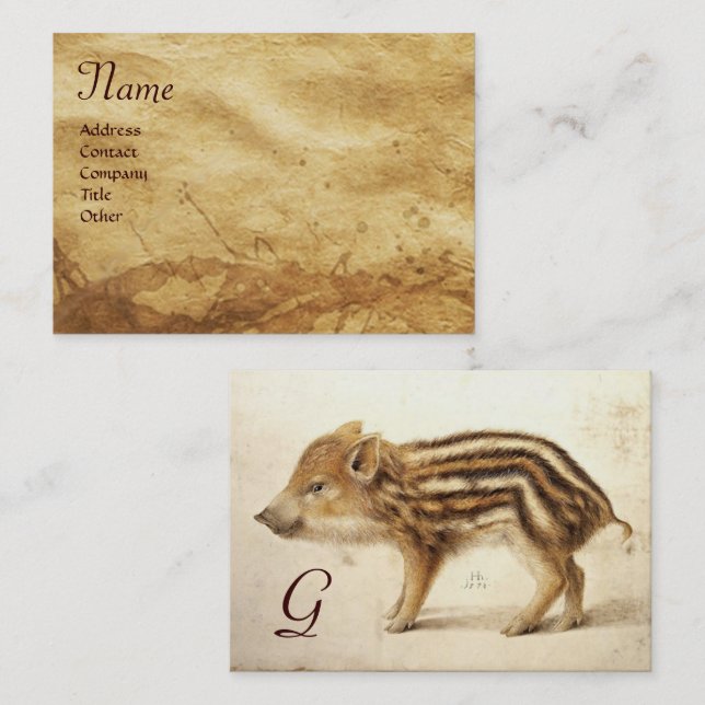 WILD BOAR PIGLET Animal Drawing Parchment Monogram Business Card (Front/Back)