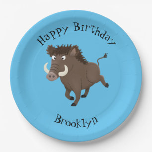 Wild boar razorback personalised cartoon birthday paper plate
