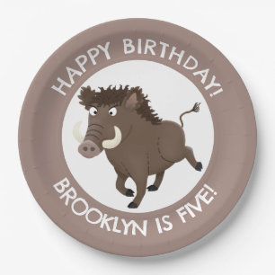 Wild boar razorback personalised cartoon birthday paper plate