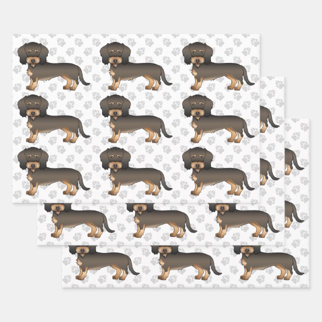 Wild Boar Wire Haired Dachshund Dog Pattern & Paws Wrapping Paper Sheet (Set)