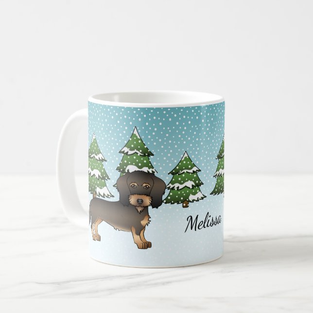 Wild Boar Wire Haired Dachshund Dog Winter Forest Coffee Mug (Front Left)