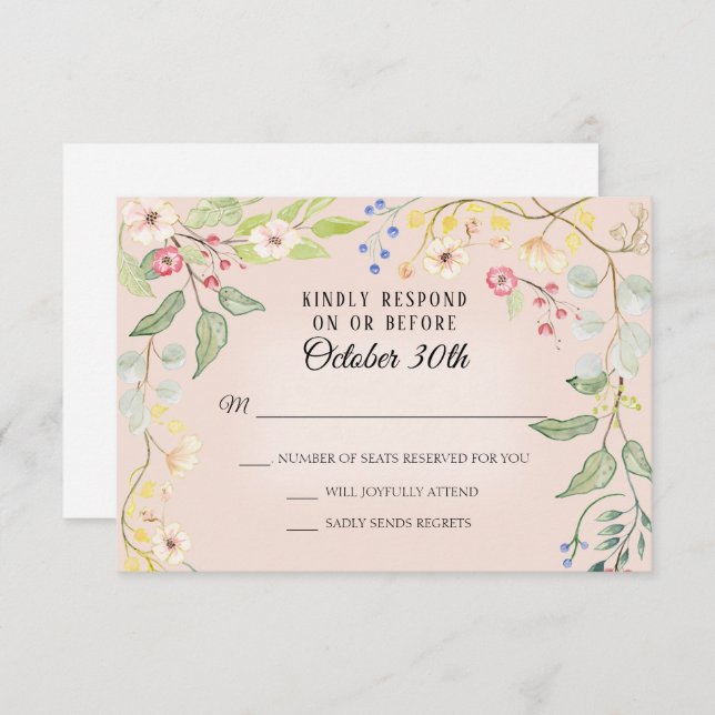 Wild Bohemian Blush Pink Peach Watercolor RSVP Invitation (Front/Back)