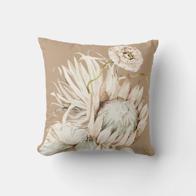 Wild Boho Protea Pampas Grass Floral Beige Cushion (Front)