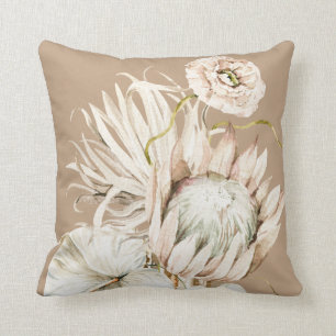 Wild Boho Protea Pampas Grass Floral Beige Cushion