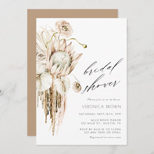 Wild Boho Protea Pampas Grass Floral Bridal Shower Invitation (Front/Back)