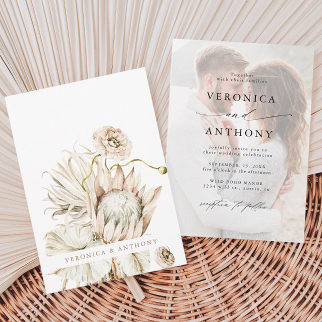 Wild Boho Protea Pampas Grass Floral Wedding Photo Invitation (Creator Uploaded)