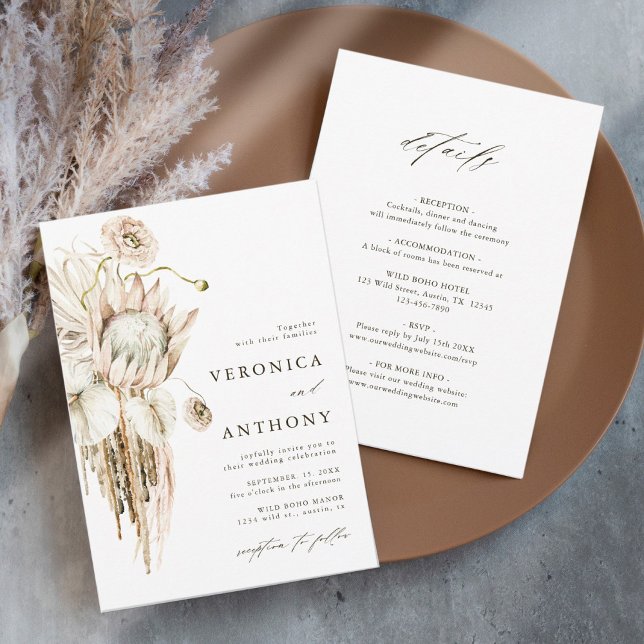 Wild Boho Protea Pampas Grass Wedding All in One Invitation (Creator Uploaded)
