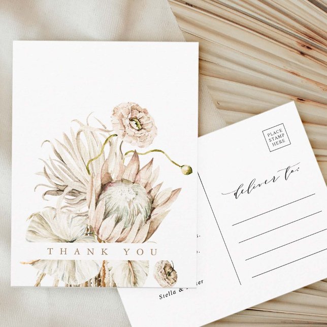 Wild Boho Protea Pampas Grass Wedding Thank You Postcard (Front & Back)