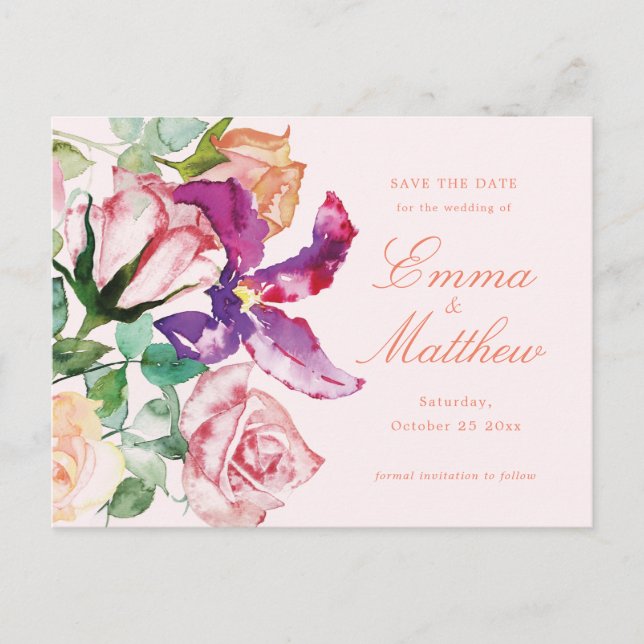 Wild Botanical Maximalism Wedding Save the Date Postcard (Front)