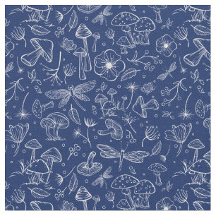 Wild Botanical Mushroom Print in Navy Blue Fabric