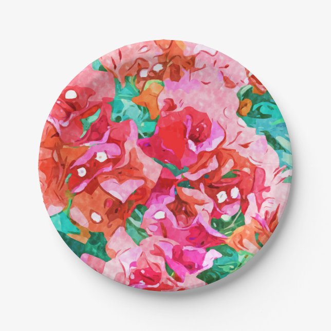 Wild Bougainvillea, Bloom Summer Floral Bohemian Paper Plate (Front)