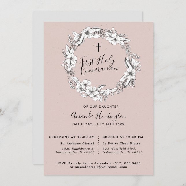 Wild Bouquet First Holly Communion | Blush | Invitation (Front/Back)