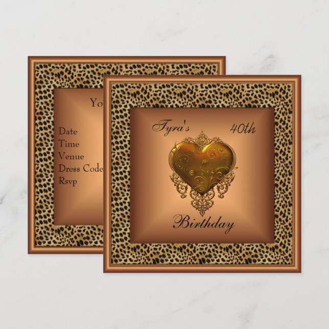 Wild Bronze Heart Jewel Gold Elegant 40th Birthday Invitation (Front/Back)