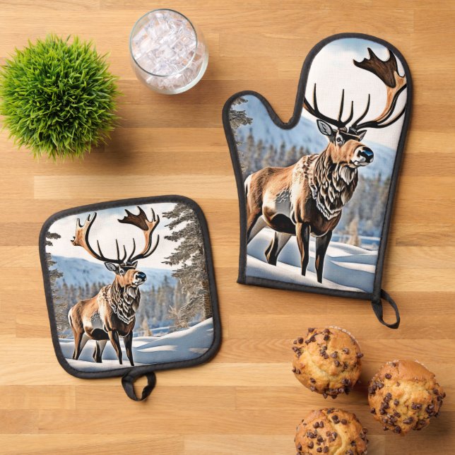 Wild Canadian Reindeer Design Oven Mitt & Pot Holder Set (Top Down)