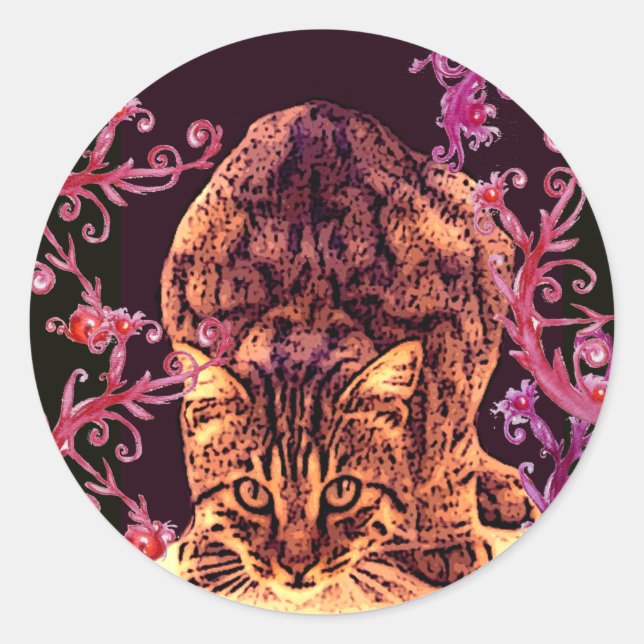 WILD CAT KITTEN Pink Red Black Floral Swirls Classic Round Sticker (Front)