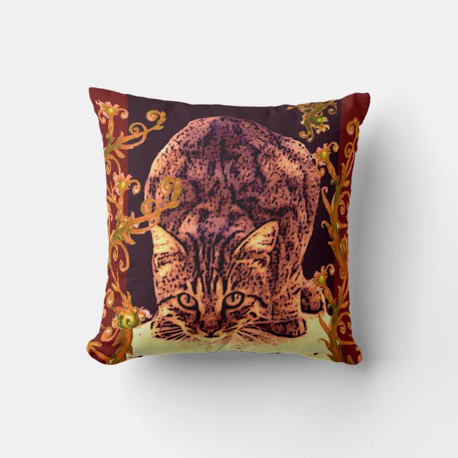 WILD CAT KITTEN Yellow Floral Swirls Cushion (Front)