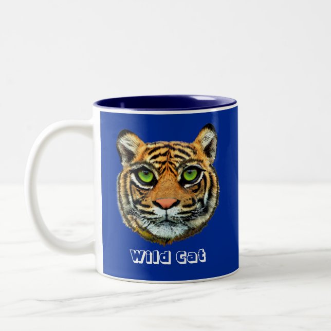 Wild Cat on Blue Two-Tone Coffee Mug (Left)