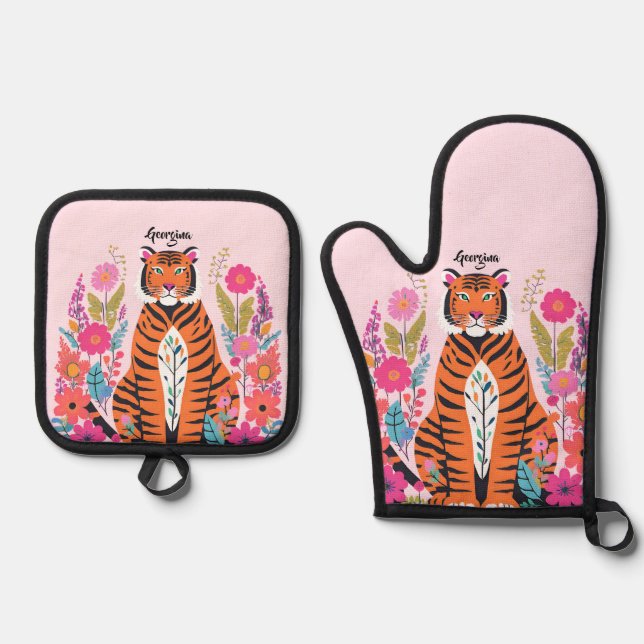 Wild Cat Tiger Pink Personalised Oven Mitt & Pot Holder Set (Front)