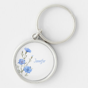 Wild Chicory Flower Botanical Custom Name Key Ring