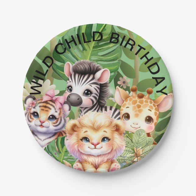 Wild Child Jungle Kawaii Animals Paper Plate (Front)