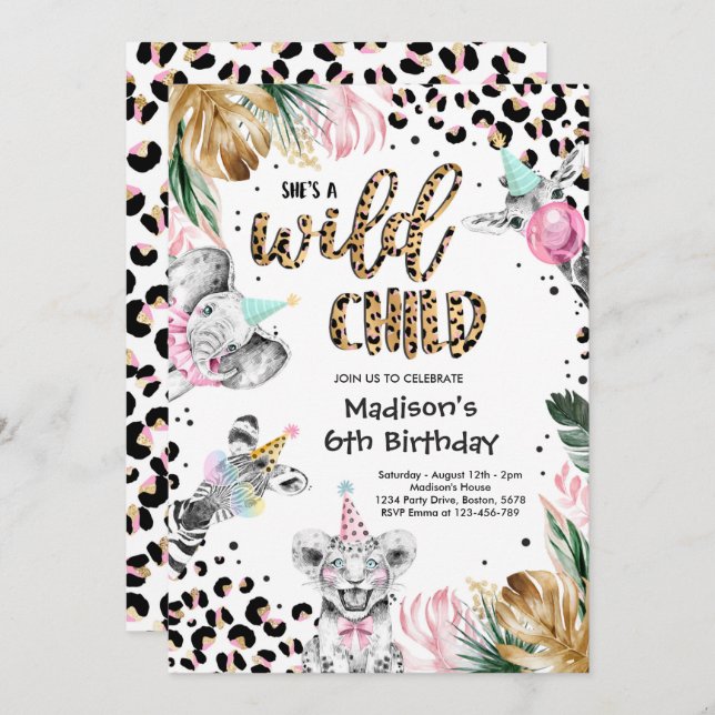 Wild Child Leopard Print Safari Animals Birthday Invitation (Front/Back)