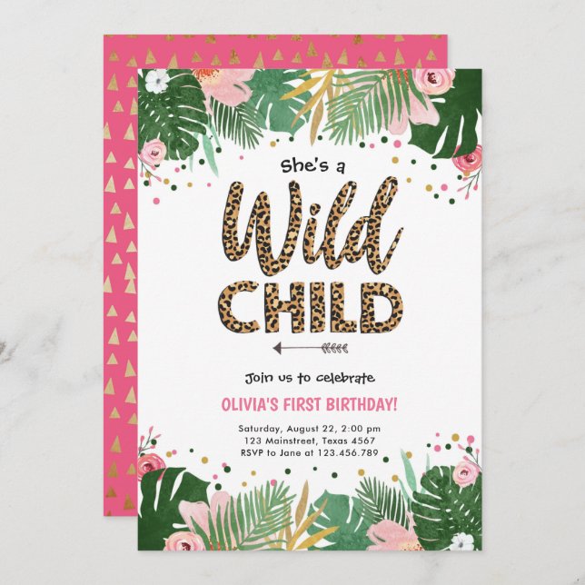 Wild Child Safari Leopard Girl Birthday Invitation (Front/Back)
