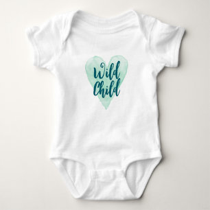 Wild Child teal watercolor heart baby bodysuit