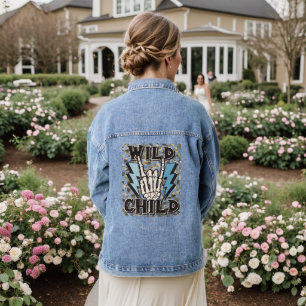 Wild Child Typography Camouflage Chequerboard Denim Jacket