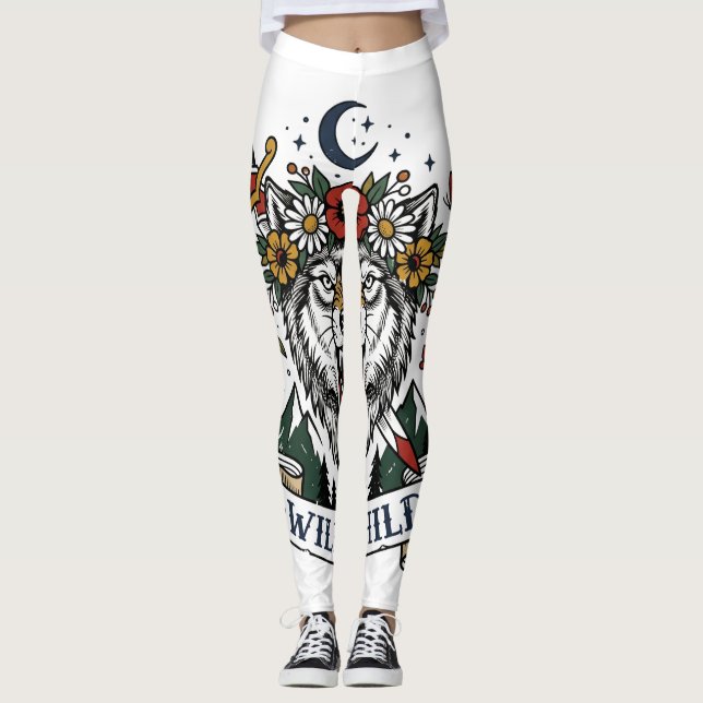 Wild Child Wolf Flower Crown Dagger Tattoo Flash F Leggings (Front)