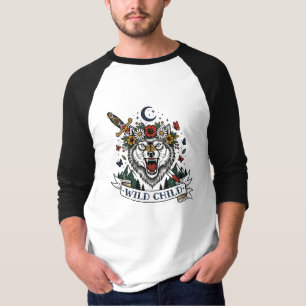 Wild Child Wolf Flower Crown Dagger Tattoo Flash F T-Shirt