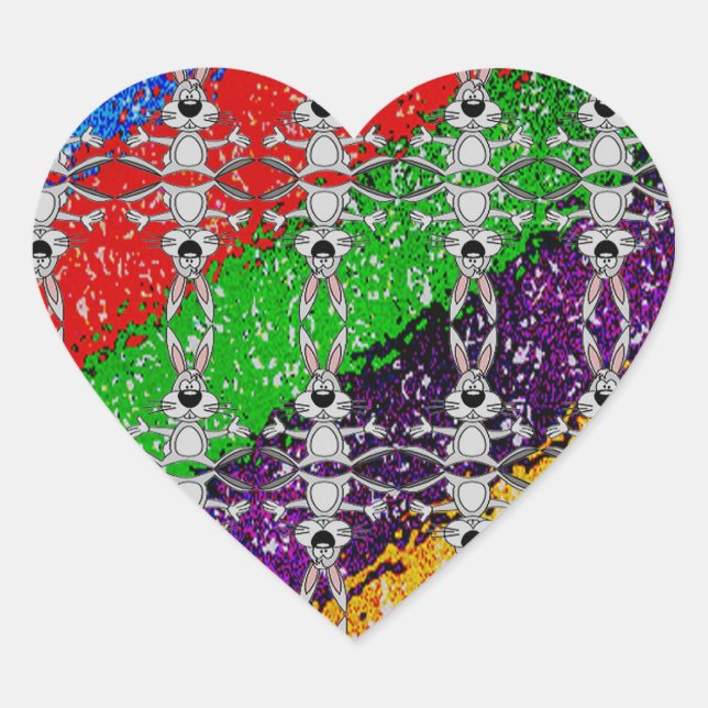 Wild Colourful Rabbit Pattern Heart Sticker (Front)