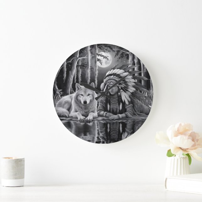Wild Connection: Wolf and Girl Large Clock (Home)
