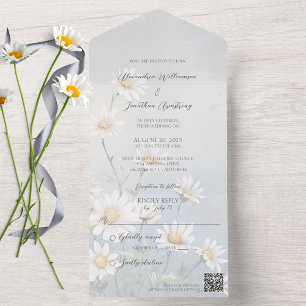 Wild Daisies on Pale Grey QR Code  All In One Invitation