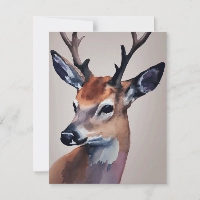 Wild Deer Portrait Watercolor Painting, Deer Holiday Card (Front)