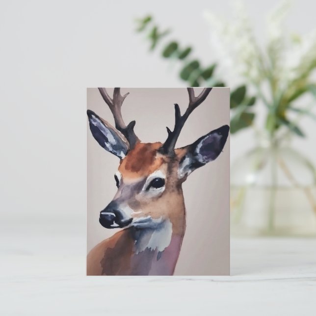Wild Deer Portrait Watercolor Painting, Deer Postcard (Standing Front)