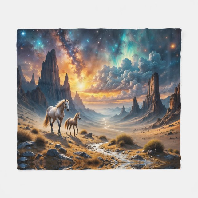 Wild Desert Mare and Foal sunset landscape Fleece Blanket (Front (Horizontal))