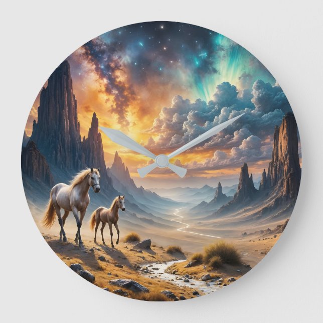 Wild Desert Mare and Foal sunset landscape Large Clock (Front)
