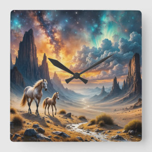 Wild Desert Mare and Foal sunset landscape Square Wall Clock