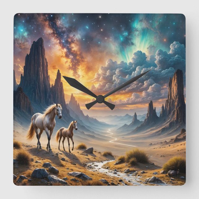 Wild Desert Mare and Foal sunset landscape Square Wall Clock (Front)