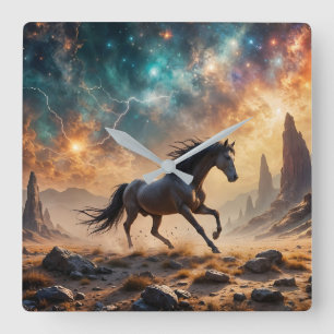Wild Desert Stallion Nebula stars lightning Square Wall Clock