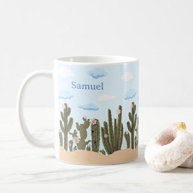 Wild Desert with Cactus Cute Personalised Name Coffee Mug (With Donut)
