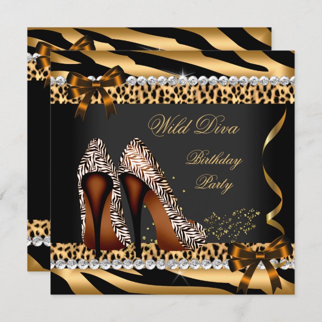 Wild Diva Leopard Zebra Hi Heels Birthday Party 3a Invitation (Front/Back)
