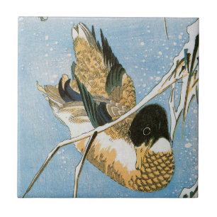 Wild Duck Swimming Snow Laden Reeds by Hiroshige Ceramic Tile