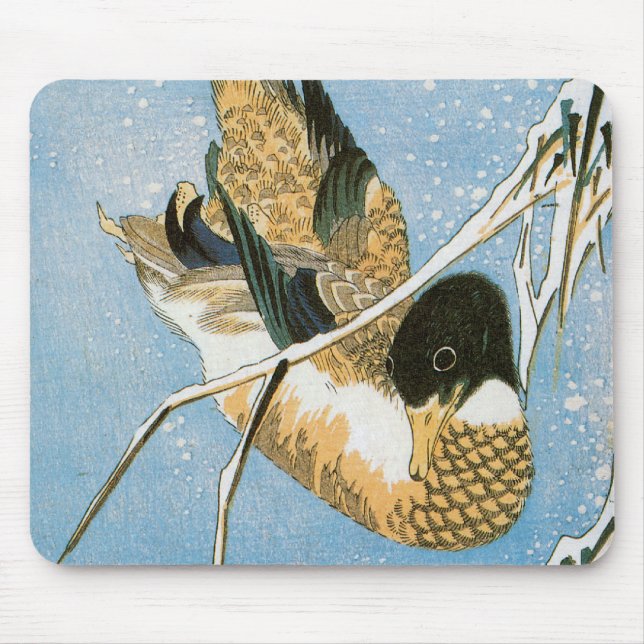 Wild Duck Swimming Snow Laden Reeds by Hiroshige Mouse Pad (Front)