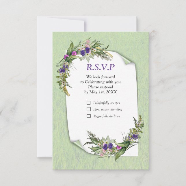 Wild Eco-friendly Grasses & Spring flowers RSVP Card (Front)